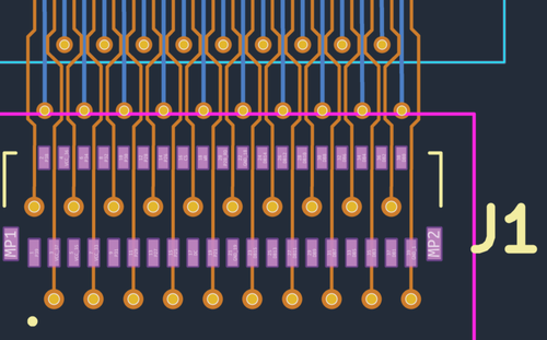 Close-up of J1 (main board flex connector): vias to fan out the two staggered pad rows