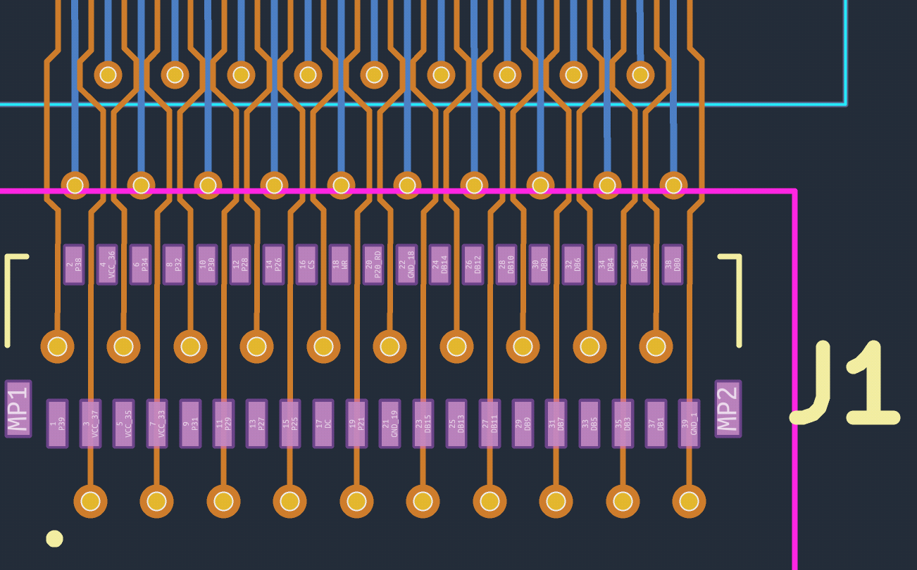 Close-up of J1 (main board flex connector): vias to fan out the two staggered pad rows
