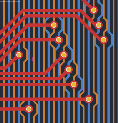 Close-up of the taps: bus lines routed to the STM32 on the top layer (red)