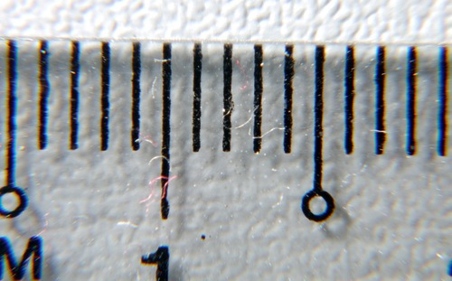 Picture of a ruler. Here, you see about 15mm of the ruler, so the magnification is 17.3:15 = 1:0.87 or 1.15x. Note the chromatic aberrations on the side of the image, but more on that later...