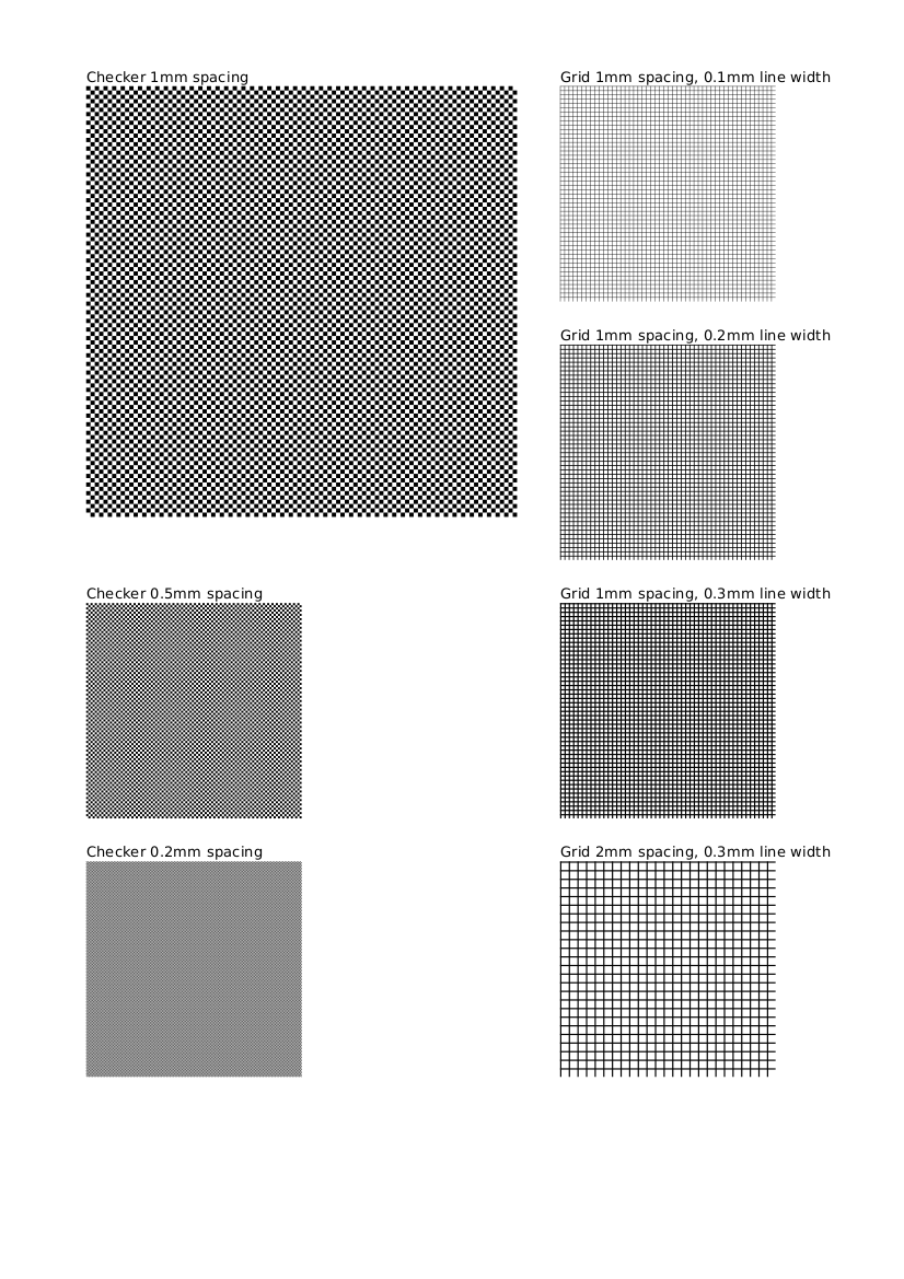 Calibration pattern. Download the PDF from the link above. My printer cannot render properly the 0.2mm checker pattern, nor the 0.1mm line width. For the rest, the quality seems quite good.