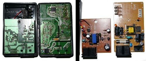 Back and front of the PCB. Left: eBay. Right: Original.