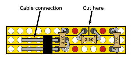 Schematics. Note: The resistors should be on the opposite side of the copper strips, that is, the cut is actually on the back side (=copper side) of the strip board.