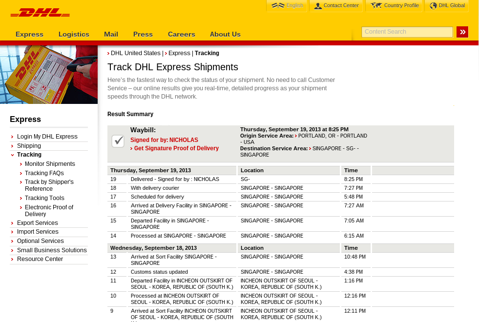 DHL tracking page