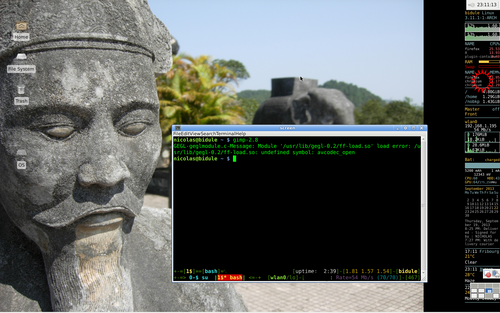 conky is the information bar on the right on the display. CPU/RAM usage, disk free space, network status, temperature, a calendar, my DHL tracking thing, then weather in a few places. In case you wonder, the background is somewhere in Hue, Vietnam. And don't worry about the gimp error, really.