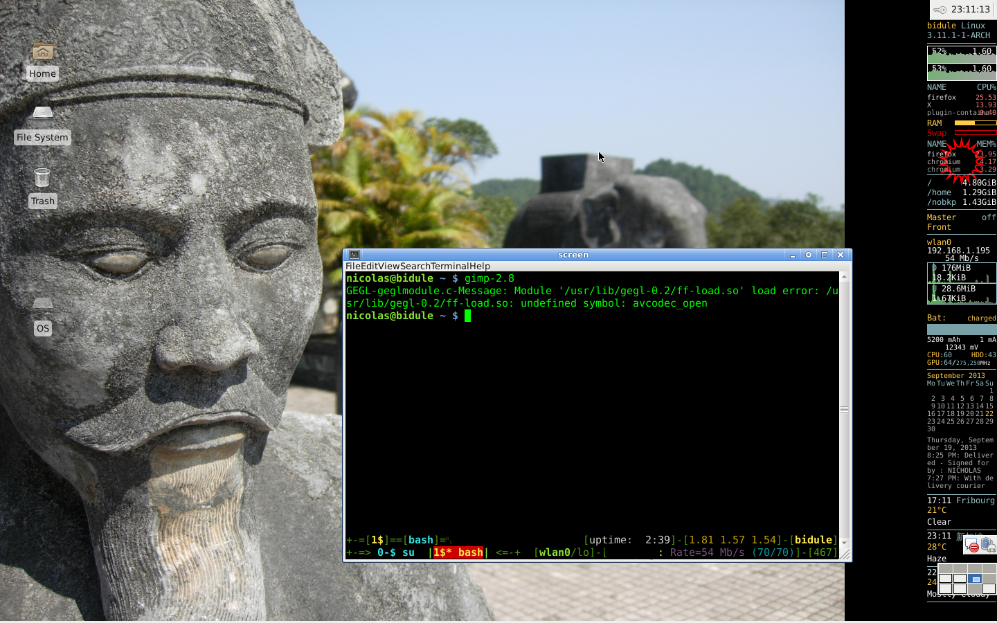 conky is the information bar on the right on the display. CPU/RAM usage, disk free space, network status, temperature, a calendar, my DHL tracking thing, then weather in a few places. In case you wonder, the background is somewhere in Hue, Vietnam. And don't worry about the gimp error, really.
