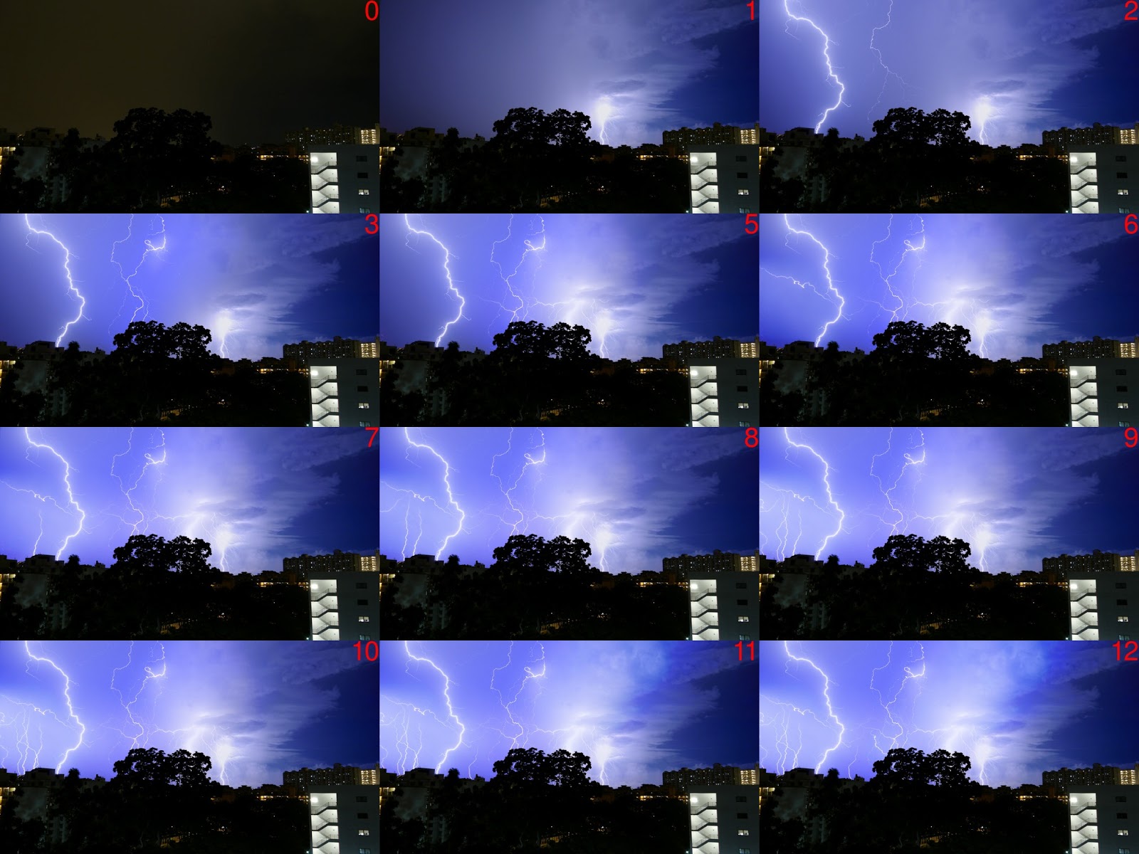 Montage of the progression of the composite image. One image is added at each step (2 images from 3 to 5). For step 1, the black level is not increased significantly, so as to get the blue sky on the right.