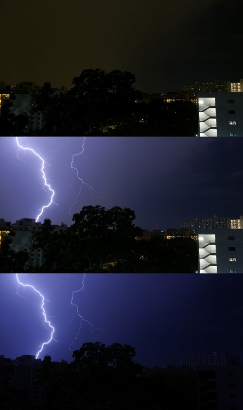 From top to bottom: 1. Number 226 in sequence, no lightning; 2. Number 227 in sequence, strong lightning; 3. Difference between 227 and 226: all man-made lights have disappeared.