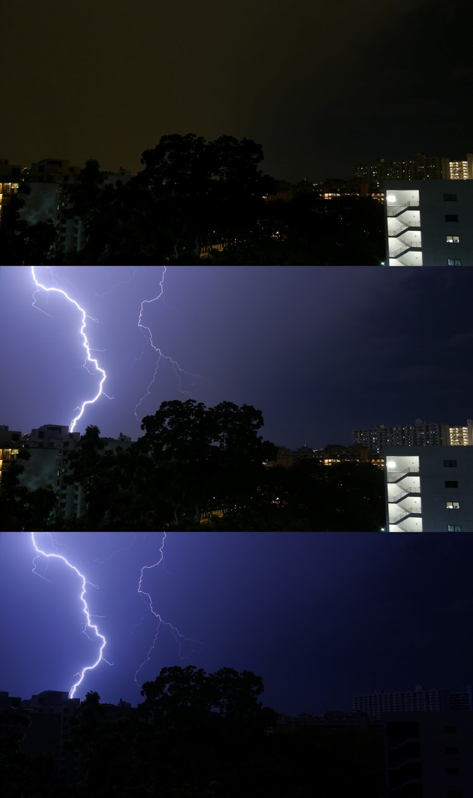 From top to bottom: 1. Number 226 in sequence, no lightning; 2. Number 227 in sequence, strong lightning; 3. Difference between 227 and 226: all man-made lights have disappeared.