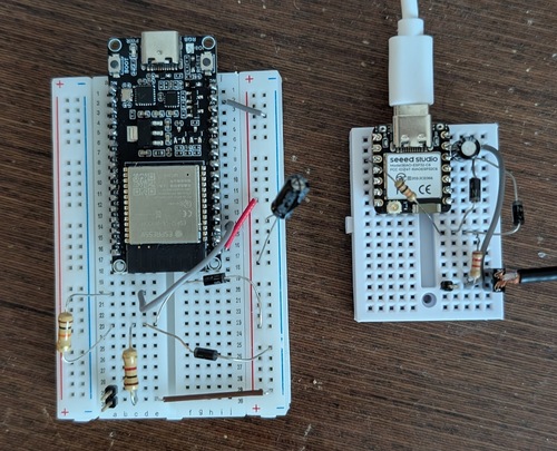 Breadboard prototypes: left is v1 on ESP32-C6 devkit, right is a Seeed Xiao ESP32-C6