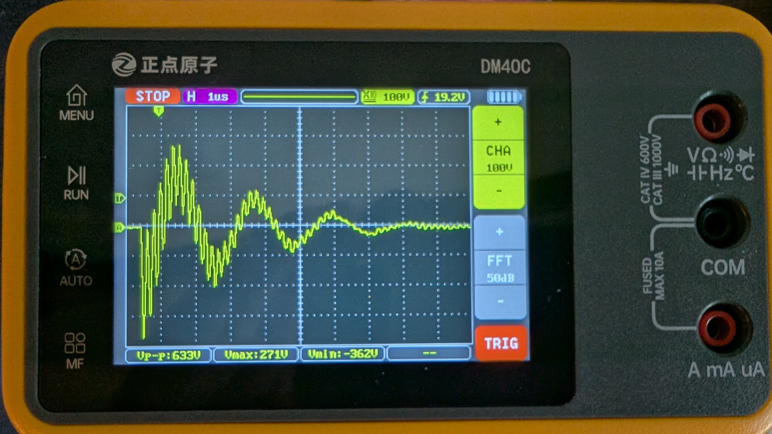 Zap signal oscilloscope, note the 633V peak-to-peak